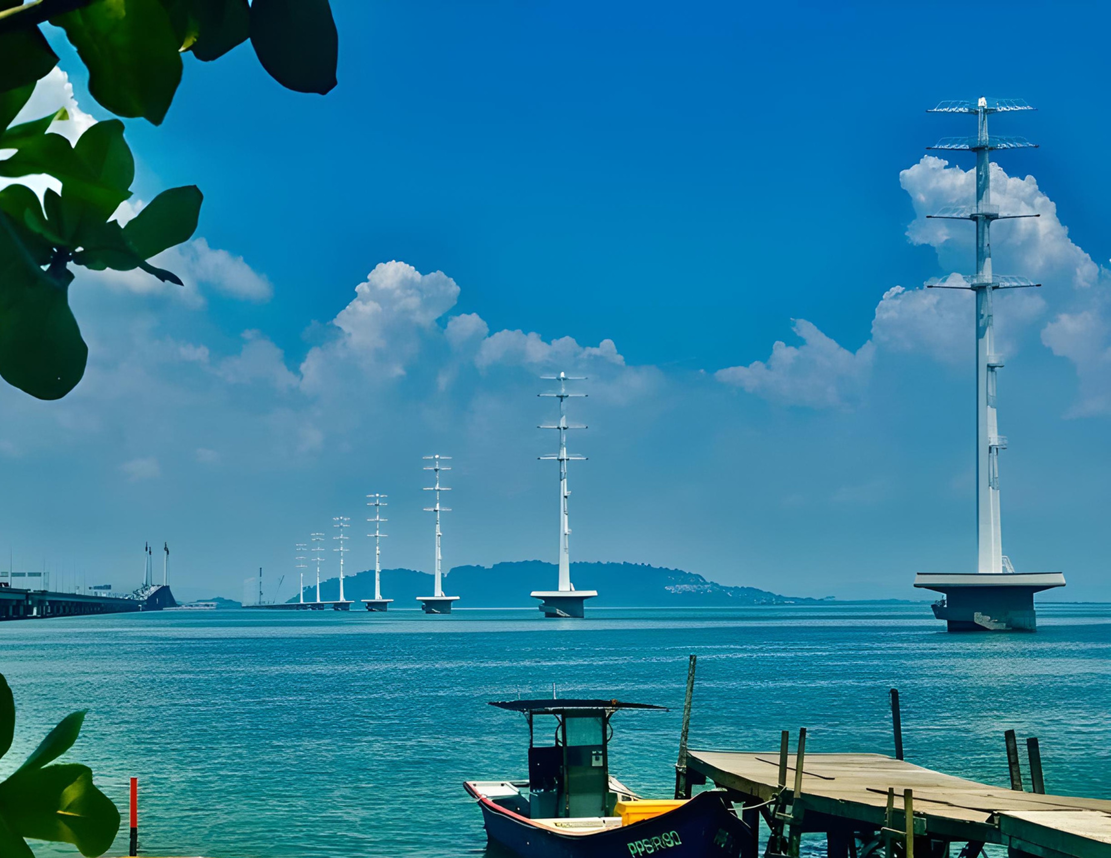Power transmission towers over water